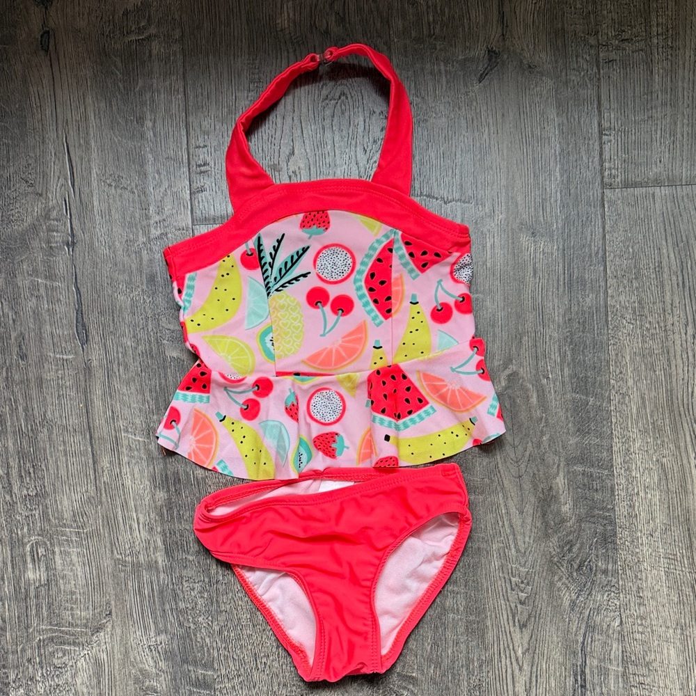Cat & Jack Bright Coral-Pink Fruit Print Tankini Set